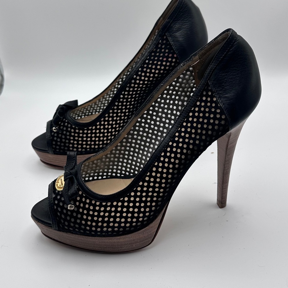 Renzl Black Leather Mesh Peep Toe Platform Pumps Bow Gold Hardware Size 39 Italy